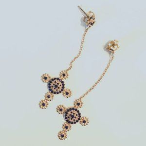 NWT! Gold plated cross earrings with blue gems